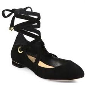 DVF Diane von Furstenberg Dakar Lace Up Ballet Style Flats Suede US 6.5 BLACK